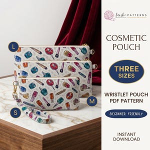 May include: Three cosmetic pouches in different sizes, labeled S, M, and L, with a pattern of makeup items. The pouches have gold zippers and a wristlet strap. The text on the image says "Cosmetic Pouch" and "Three Sizes".