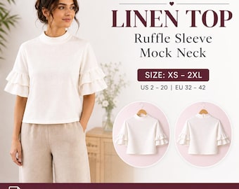 Linen Blouse Sewing Pattern PDF | Ruffle Sleeve Top Pattern | Mock Neck Linen Shirt | Women's Summer Top | XS-2XL | Beginner Friendly