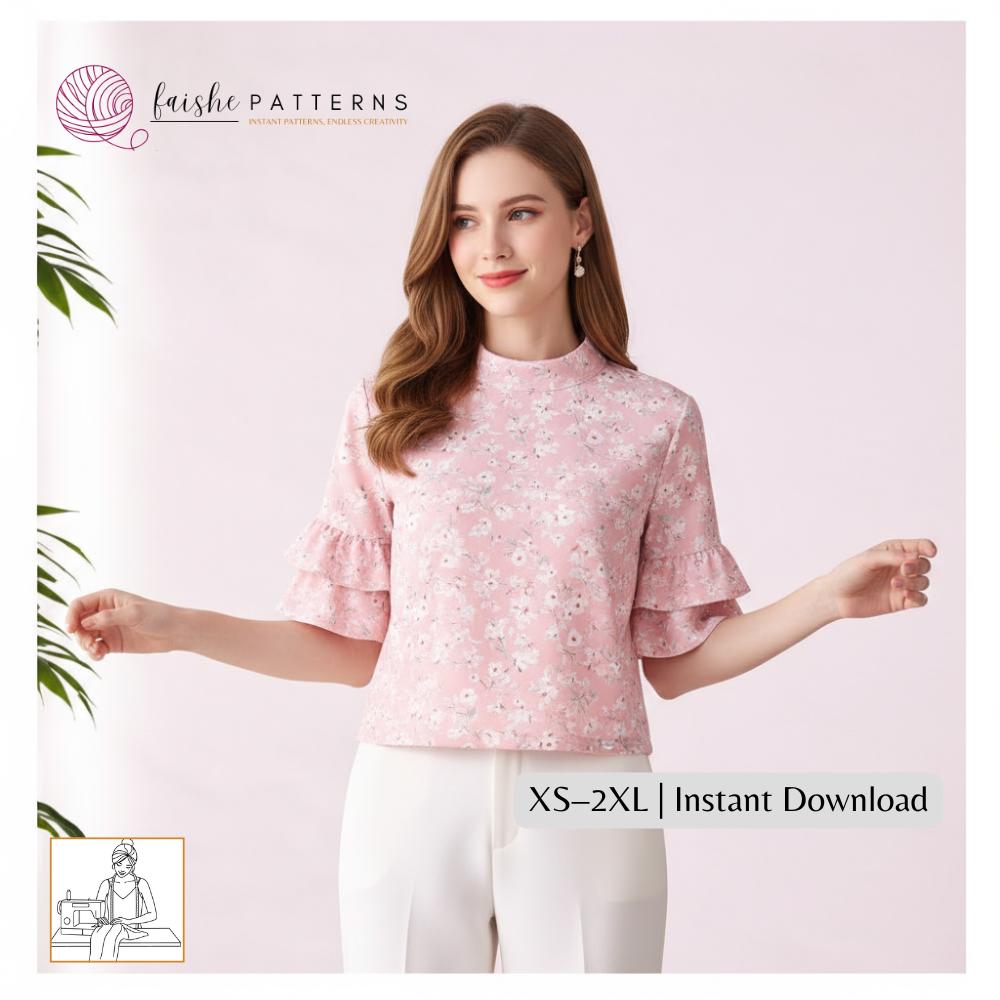 Linen Blouse Sewing Pattern PDF | Ruffle Sleeve Top Pattern | Mock Neck ...
