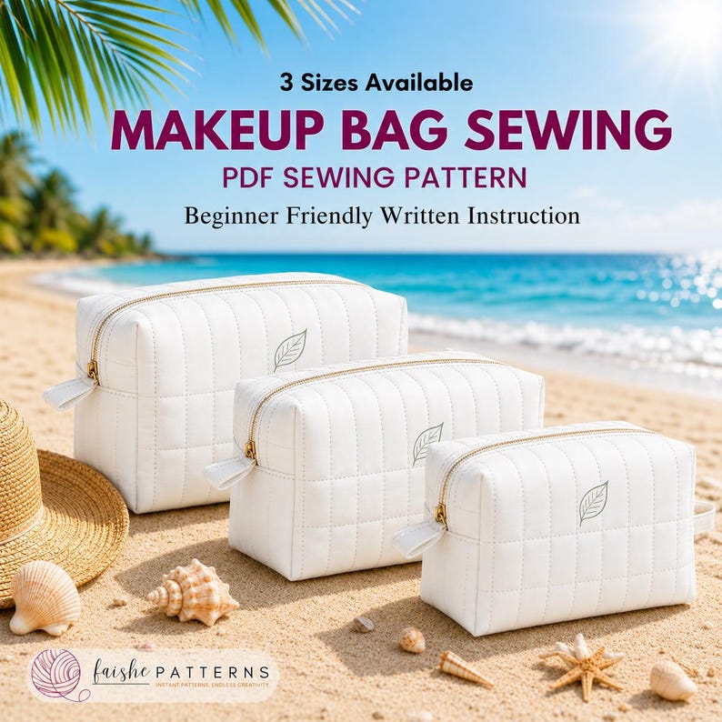 Makeup Bag Sewing Pattern | Zipper Cosmetic Pouch, Box Bag With Inner ...