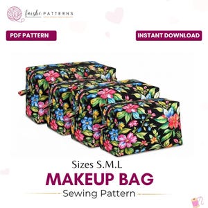 Makeup Bag Sewing Pattern | Zipper Cosmetic Pouch, Box Bag with inner zip(PDF Download)