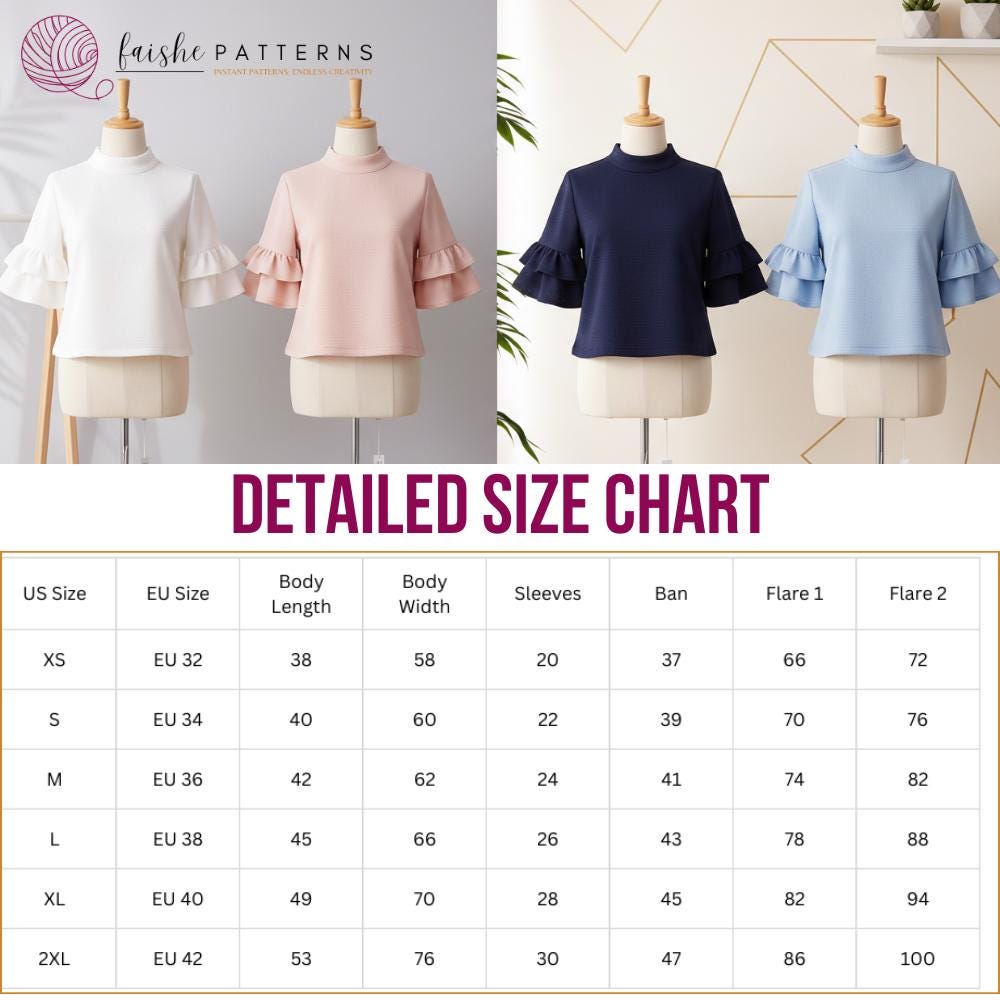 Linen Blouse Sewing Pattern PDF | Ruffle Sleeve Top Pattern | Mock Neck ...