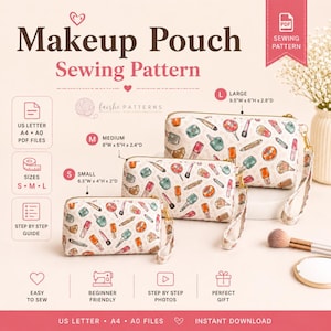 May include: A digital sewing pattern for a makeup pouch in three sizes: small (6.5"W x 4"H x 2"D), medium (8"W x 5"H x 2.4"D), and large (9.5"W x 6"H x 2.8"D). The pouches feature a repeating watercolor print of various makeup items and wrist straps.