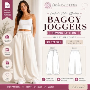 May include: A digital sewing pattern for baggy joggers by Faishe Patterns. The graphic includes text, a front and back technical sketch of the trousers, and sizing from XS to 3XL. It features instructions for US Letter, A4, and A0 file formats.