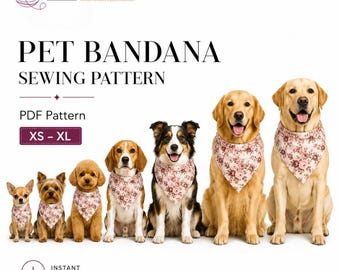 犬用バンダナの型紙（PDF）、リバーシブルペット用バンダナの型紙、首輪にかける犬用バンダナ、DIY犬服の型紙、XS～XLサイズ