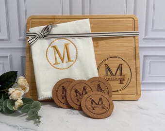 Engraved Bamboo Monogram Cutting Board | Last Name Kitchen Bundle | Cork Circle Drink Coaster | Green Leaf Embroidered Tea Towel | Gift Set