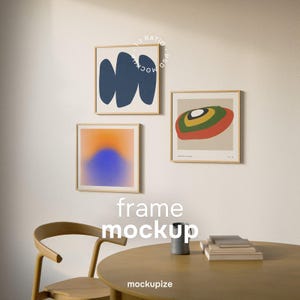 Gallery Wall Frame Mockup | 3 Square Frames Dining Room | Black White Wood | PSD JPG