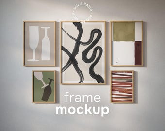 May include: Five framed art prints with abstract designs in neutral tones. The prints feature beige, olive green, and brown, with black brushstrokes and wine glass silhouettes. The text "frame mockup" is displayed in white.