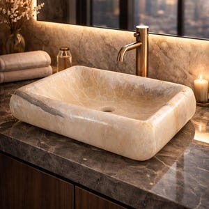 White Onyx Rectangular Vessel Sink – 15.7" Natural Stone Bathroom Basin, Handmade Luxury Vanity Sink, Modern Onyx Wash Bowl