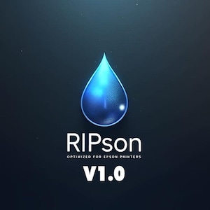 Puede incluir: Un logotipo gráfico que presenta una gota de agua azul brillante centrada sobre el texto blanco RIPson, con el texto más pequeño OPTIMIZED FOR EPSON PRINTERS y el texto en negrita V1.0 debajo sobre un fondo oscuro degradado.