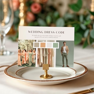 May include: A wedding dress code card on a white plate with a gold rim. The card features the text "WEDDING DRESS CODE" and asks guests to wear beige, terracotta, and sage green. Images of dresses and a man in a suit are included.