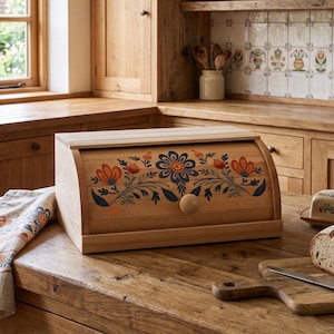 Könnte beinhalten: Ein Brotkasten aus hellem Holz mit einem Rolldeckel, der mit einem handgemalten Blumenmuster in Orange-, Blau- und Grüntönen verziert ist. Der Kasten hat einen runden Holzknauf an der Vorderseite und steht auf einer hölzernen Küchenarbeitsplatte.