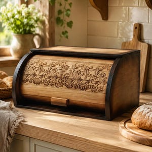 May include: A rectangular wooden bread box with a roll-top door featuring an intricate laser-engraved floral pattern. The box is constructed from natural light-toned wood with dark-stained side panels and a small rectangular handle on the front.