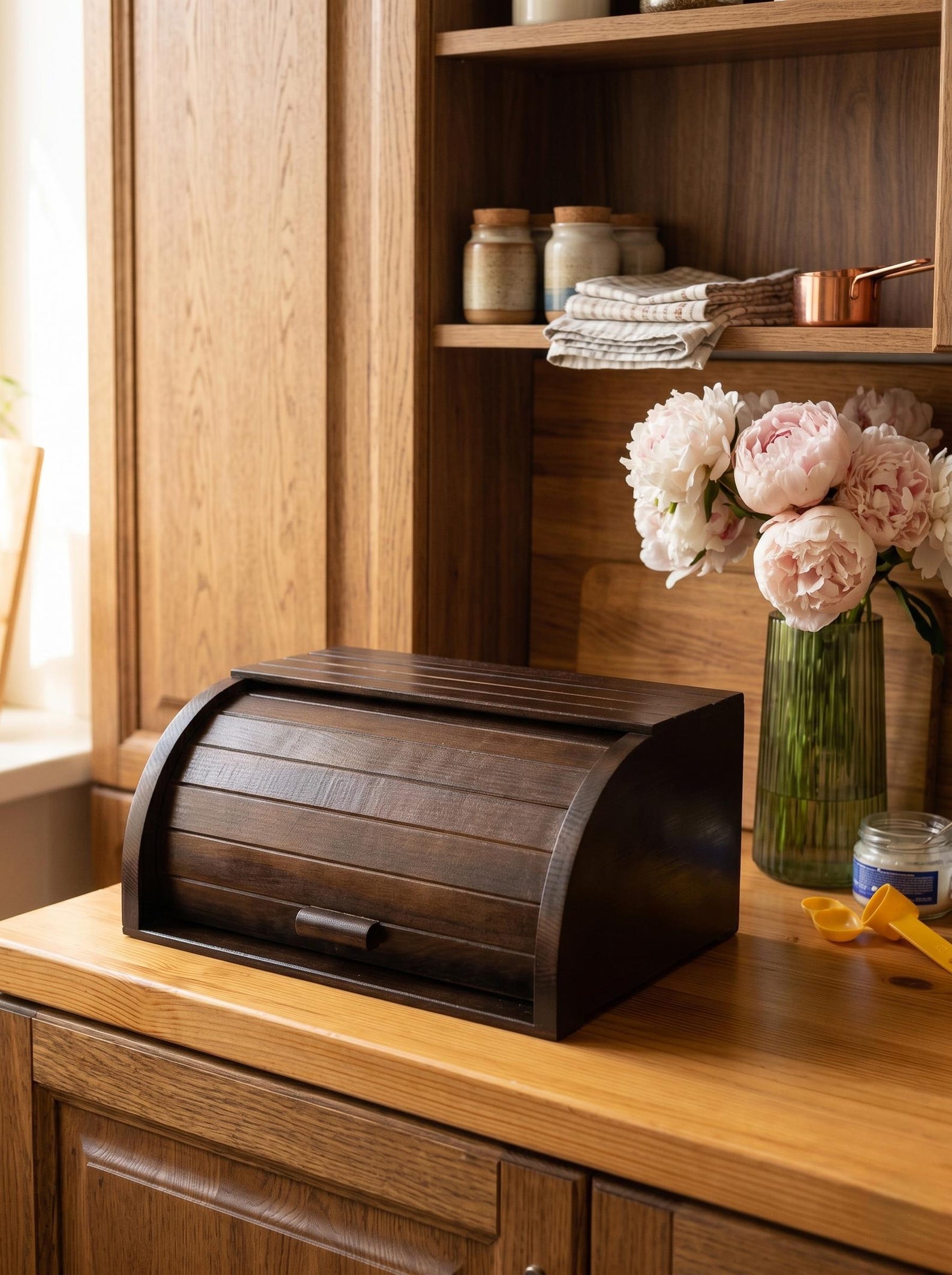Handmade Wooden Bread Box with Roll Top Lid