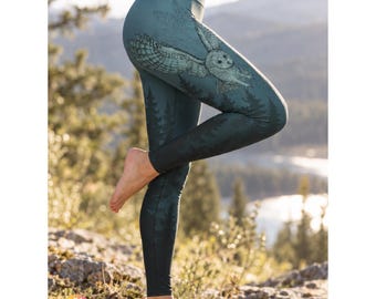 Owl Leggings, Bird Feathers Yoga Pants, Forest Hiking Pants, Bird Watcher Gift for Women
