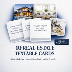 Puede incluir: Imagen promocional para bienes raíces con tarjetas de texto. Las tarjetas muestran mensajes como "¡Felicitaciones por tu nuevo hogar!" y "¿Pensando en comprar o vender?" La imagen incluye una casa, una sala de estar y llaves con una etiqueta "VENDIDO".