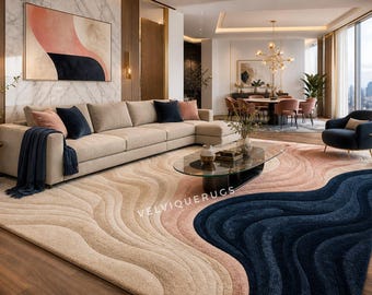 Alfombra de lana abstracta moderna de lujo de 12x18, alfombra tejida a mano, alfombra grande de ondas en tonos neutros beige, rubor y azul marino, alfombra gruesa y suave de primera calidad para sala de estar.