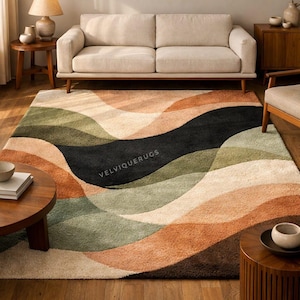 9x12 Modern Abstract Hand Tufted Rug,100% Wool Area Rug, Mid Century Geometric Carpet, Beige Green Black Boho Rug, Luxury Living Room Decor