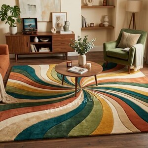5x8 8x10 Mid Century Modern Rug, Hand Tufted Wool Area Rug, Abstract Swirl Pattern Carpet, Boho Geometric Rug, Earth Tone Living Room Rug,