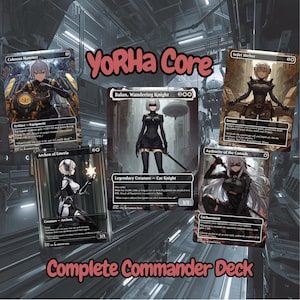 May include: A complete Commander deck featuring multiple cards with anime-style illustrations. The cards include characters and text such as "Colossus Hammer", "Balan, Wandering Knight", and "Authority of the Consuls". The text "YoRHa Core" and "Complete Commander Deck" are also visible.