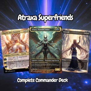May include: Three Magic: The Gathering cards are displayed, featuring the text "Atraxa Superfriends" and "Complete Commander Deck." The cards showcase fantasy art of characters like Elspeth, Sun's Champion, Atraxa, Praetors' Voice, and Farewell. The cards have various mana symbols and text.