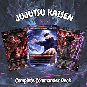 May include: Three Magic: The Gathering cards featuring characters from Jujutsu Kaisen. The cards include "Bedevil", "Lynde, Cheerful Tormentor", and "Estrid's Invocation". The text "Complete Commander Deck" and "JUJUTSU KAISEN" are also visible.