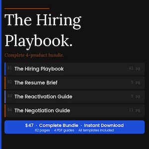 Könnte beinhalten: Ein digitales Produktpaket mit dem Titel "The Hiring Playbook" auf dunklem Hintergrund. Das Paket enthält vier Ratgeber: The Hiring Playbook, The Resume Brief, The Reactivation Guide und The Negotiation Guide. Das Paket umfasst 62 Seiten und 4 PDF-Leitfäden.
