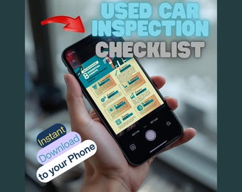 May include: A smartphone displays a "Used Car Inspection Checklist" with 8 essential points. The phone is held in a hand, with a red arrow pointing towards the screen. Text on the image says "Instant Download to your Phone."