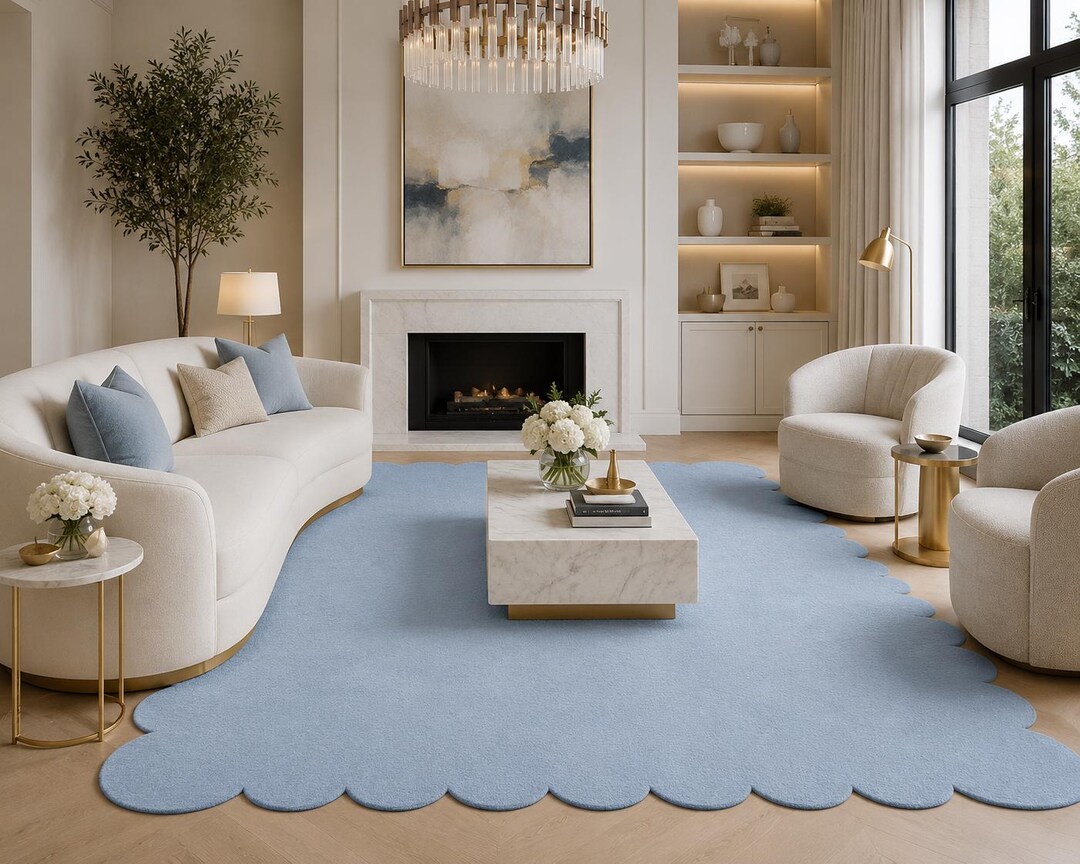 Layered Blue Rug Luxury Light Blue Scalloped Rug, Handmade Solid Area Rug, Modern Wavy ...