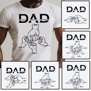 以下が含まれることがあります： 白いTシャツ。太字の黒い文字で「DAD」と書かれ、その下に「THE MAN, THE MYTH, THE LEGEND」と書かれています。大きな拳と、周りに小さな拳が描かれたグラフィックで、「Kid 1」、「Kid 2」、「Kid 3」とラベル付けされています。