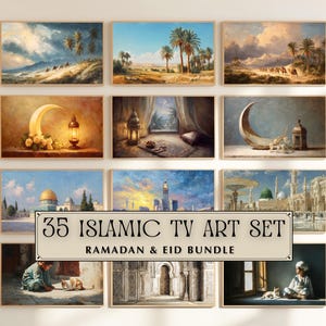 May include: Nine framed art prints with a beige border, showcasing Islamic art. The images feature desert scenes with palm trees and camels, crescent moons, lanterns, and mosques. The text "35 ISLAMIC TV ART SET" is visible.