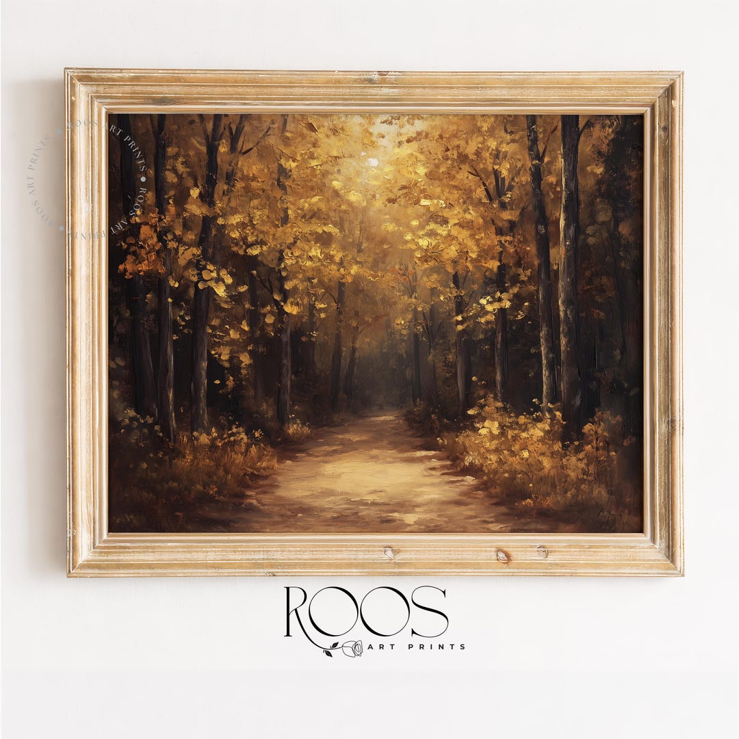 Rustic Autumn Forest Pathway Painting - Moody Vintage Landscape With ...