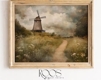 Paisaje rústico campestre con molinos de viento / Arte mural vintage con molinos de viento / Lámina con flores silvestres de estilo cottagecore / Descarga digital