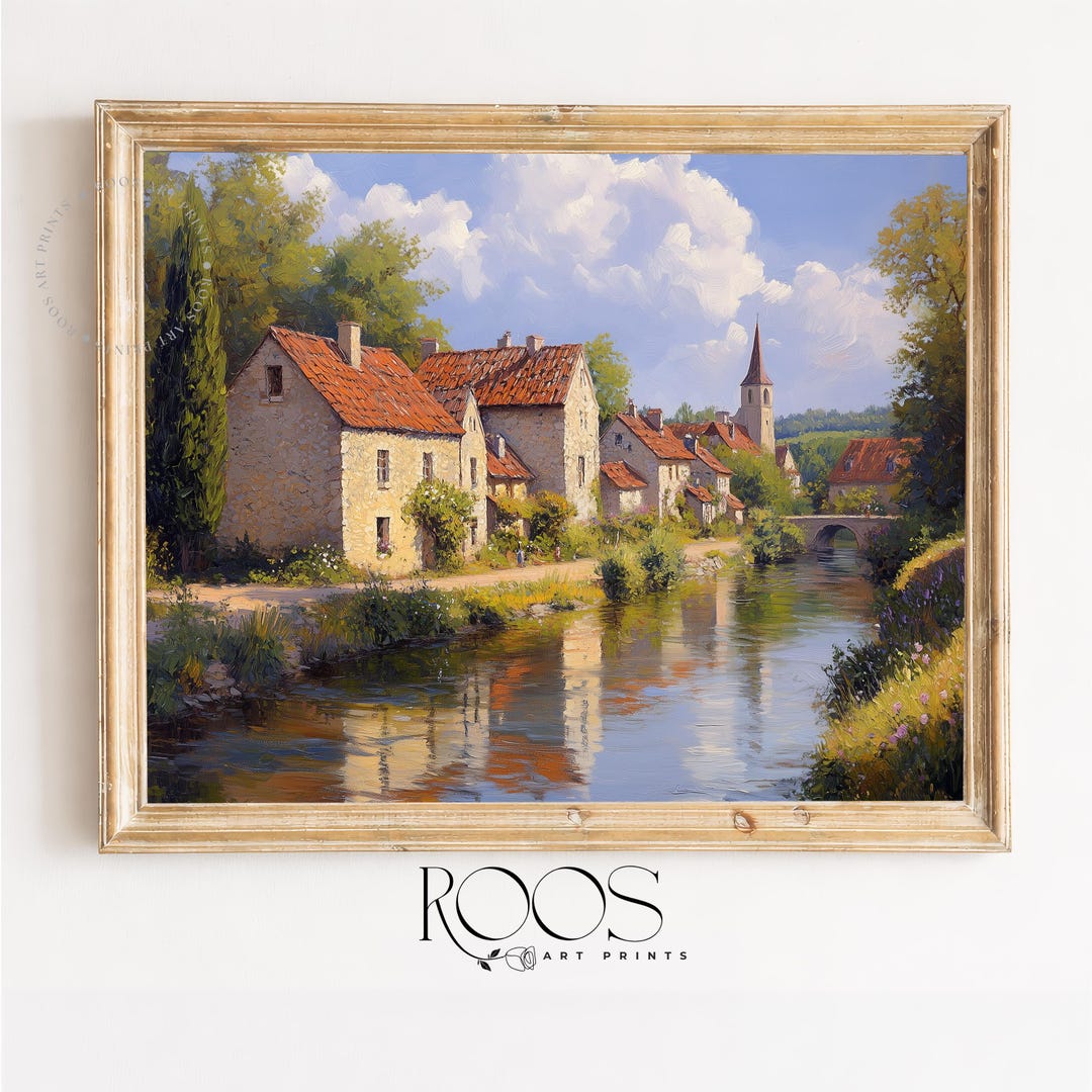 Rustic Rock Riverside Rustic Riverside Stone Cottages Painting, Quaint Village Landscape Cozy ...