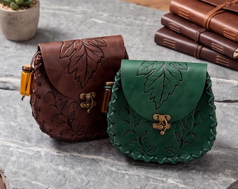 Riñonera de cuero con diseño de hojas fantásticas, bolsa botánica para cinturón para feria renacentista, regalo para disfraces de LARP