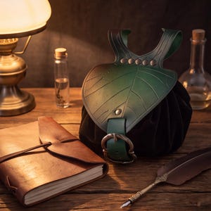 May include: A dark green leather pouch featuring a leaf-shaped flap with embossed veins, secured by a metal buckle and strap. The pouch has a soft, gathered body and is constructed with a structured top section attached to two vertical leather loops.