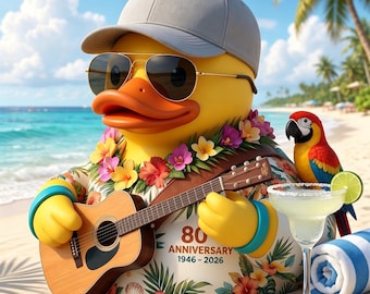 Patinho Comemorativo do 80º Aniversário de Jimmy Buffett em Homenagem à Música Tropical - Estatueta de Resina Parrothead 1946-2026 - Presente de Praia Margaritaville