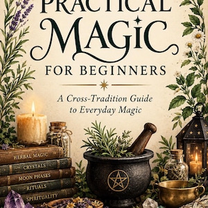 以下が含まれることがあります： Practical Magic for Beginnersというタイトルの本。クリーム色の表紙に植物のイラスト、5冊の本の積み重ね、五芒星が描かれた黒い乳鉢と乳棒、灯ったキャンドル、ランタン、クリスタル、乾燥ハーブが木製の表面に配置されている。