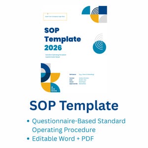 Może przedstawiać: Biały dokument zatytułowany "SOP Template 2026" z niebieskimi i żółtymi geometrycznymi wzorami. Tekst zawiera "Standard Operating Procedure Questionnaire-Based" i punktorami: "Questionnaire-Based Standard Operating Procedure" i "Editable Word + PDF."