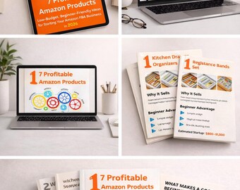 Guía para principiantes de Amazon FBA 2026 / 7 productos rentables para vender / Libro de investigación de productos / Plan de negocios de comercio electrónico (PDF) / Descarga digital