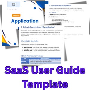 Puede incluir: Una plantilla de Guía del usuario de SaaS con un diseño azul y blanco. La guía incluye secciones sobre funciones principales, flujos de trabajo, roles y permisos. El texto incluye "Application", "User Guide" y "Template".