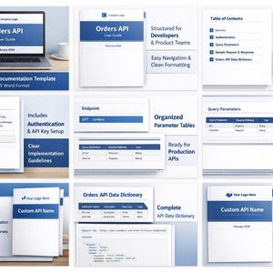 K&ouml;nnte beinhalten: Professionelle API-Dokumentationsvorlage im MS Word-Format. Das Bild zeigt einen Laptop, ein Benutzerhandbuch und verschiedene Dokumentationsabschnitte mit blauen Akzenten. Enth&auml;lt Authentifizierung, API-Schl&uuml;ssel-Setup und organisierte Parametertabellen.