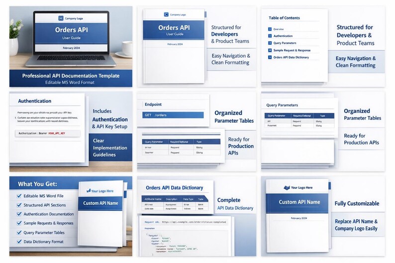 K&ouml;nnte beinhalten: Professionelle API-Dokumentationsvorlage im MS Word-Format. Das Bild zeigt einen Laptop, ein Benutzerhandbuch und verschiedene Dokumentationsabschnitte mit blauen Akzenten. Enth&auml;lt Authentifizierung, API-Schl&uuml;ssel-Setup und organisierte Parametertabellen.