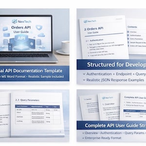 Puede incluir: Plantilla de documentación de API profesional con el texto "Orders API User Guide" en la pantalla de un portátil. La imagen incluye documentos con información de API y el texto "Structured for Developers".