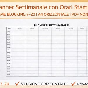 Può includere: Un planner settimanale stampabile con time blocking dalle 7:00 alle 20:00, in formato A4 orizzontale. Il planner include un programma dettagliato con fasce orarie dalle 7:00 alle 20:00 ed è progettato per il download immediato.