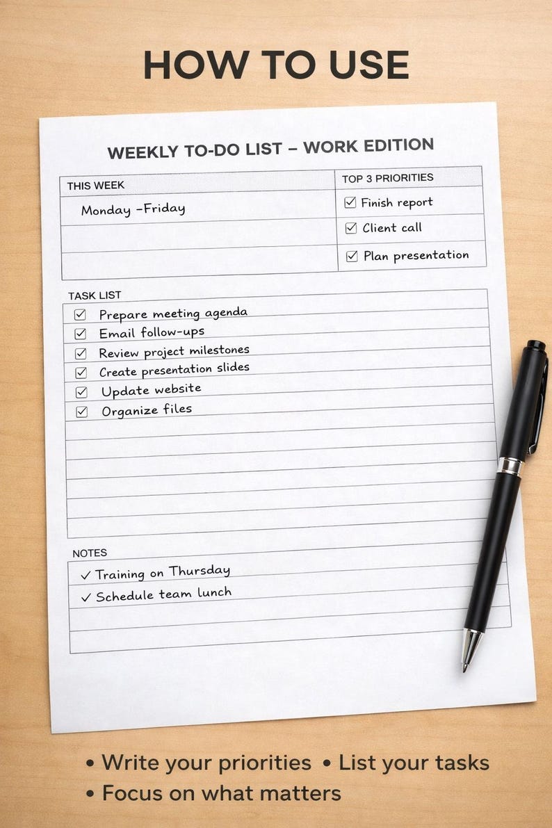 Weekly to Do List Printable | Work To-do Planner | Simple Weekly Task ...