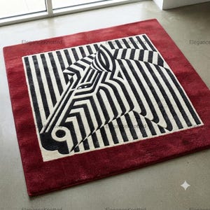 Könnte beinhalten: Ein quadratischer Teppich mit einer zentralen Grafik eines Zebra-Kopfes in schwarzen und weißen Streifen. Das Zebra-Design ist auf einem cremefarbenen Hintergrund platziert und von einem breiten, einfarbigen dunkelroten Rand umgeben. Text EleganceKnotted.