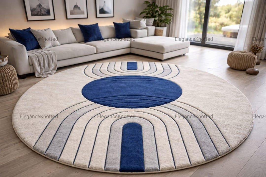 Round Arch Rug Modern Round Abstract Rug, Blue & Grey Arch Circle Carpet, Hand Tufted ...