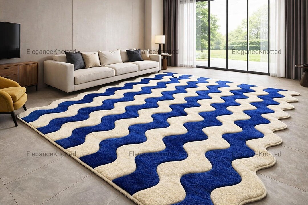 Blue Wavy Scalloped Rug, Cobalt Blue Tufted Area Rug, Modern Wiggle ...