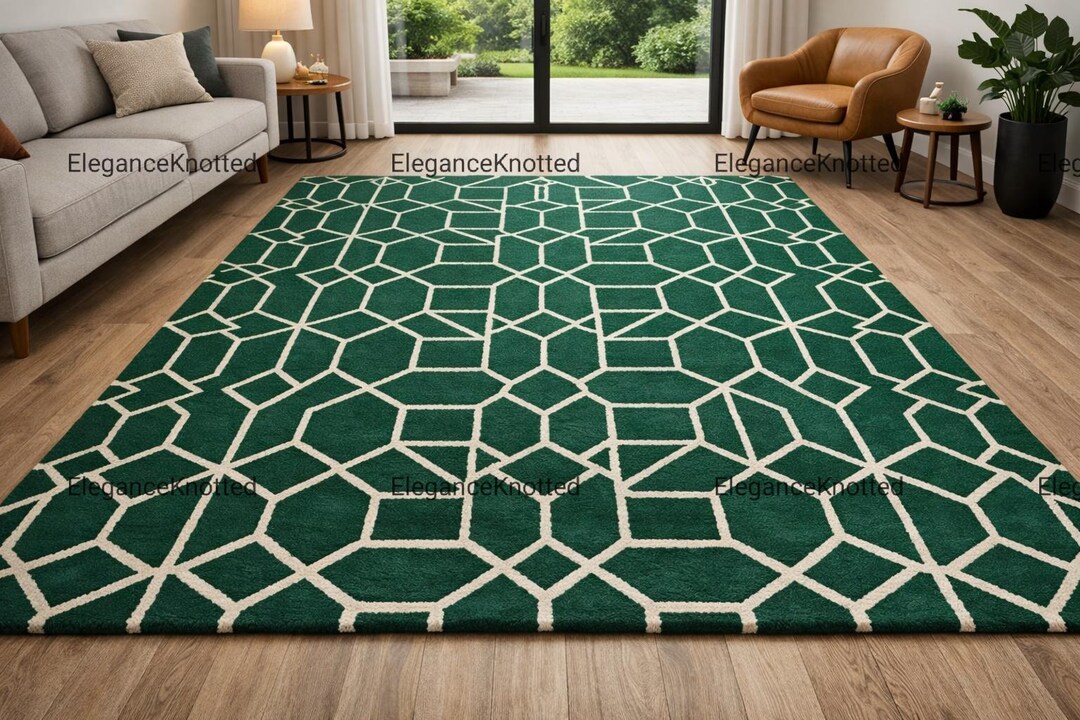 Emerald Green Geometric Rug, Modern Hand Tufted Wool Area Rug, Dark ...